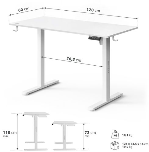 Výškovo nastaviteľný písací stôl Nojo Light 120 cm x 60 cm biely