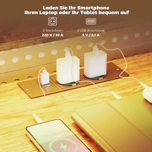 HOMCOM Herný stôl s LED osvetlením a zásuvkou, 4 zásuvky, stojan na monitor, hnedý