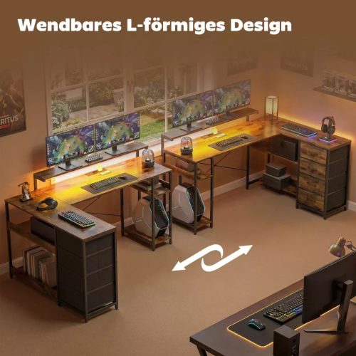 HOMCOM Herný stôl s LED osvetlením a zásuvkou, 4 zásuvky, stojan na monitor, hnedý