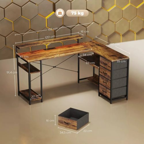 HOMCOM Herný stôl s LED osvetlením a zásuvkou, 4 zásuvky, stojan na monitor, hnedý