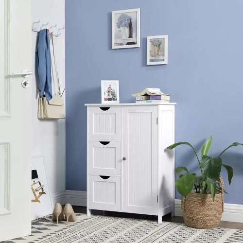 Vasagle Skrinka s voľne stojacimi dverami, 3 zásuvky, biela.