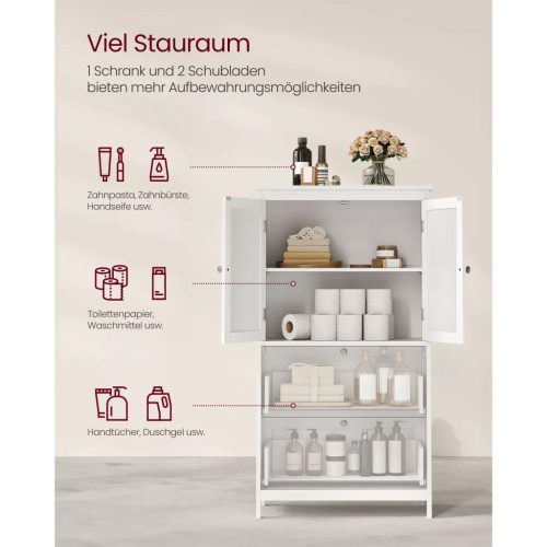 Kúpeľňová skrinka, úložná skrinka s dvoma veľkými zásuvkami a dvoma dvierkami, biela 60x30x110cm