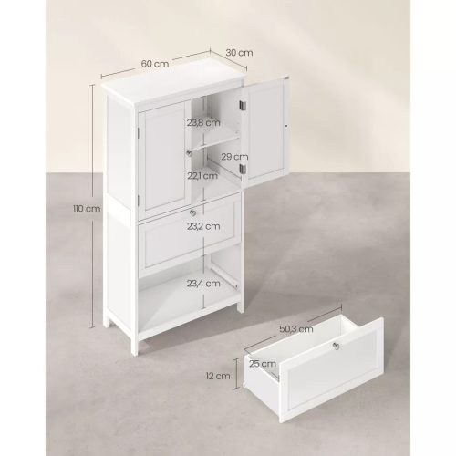 Kúpeľňová skrinka, úložná skrinka s dvoma veľkými zásuvkami a dvoma dvierkami, biela 60x30x110cm