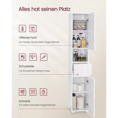 Vasagle Úzka kúpeľňová skrinka, so zásuvkou, nastaviteľné police, biela, 30 x 30 x 170 cm