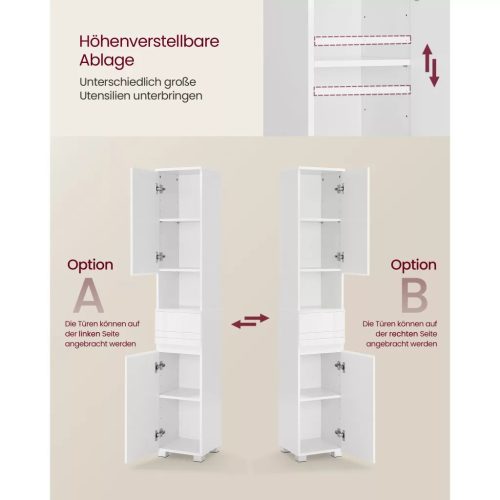 Vasagle Úzka kúpeľňová skrinka, so zásuvkou, nastaviteľné police, biela, 30 x 30 x 170 cm