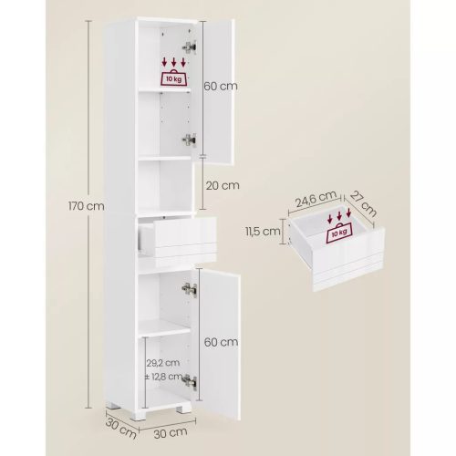 Vasagle Úzka kúpeľňová skrinka, so zásuvkou, nastaviteľné police, biela, 30 x 30 x 170 cm