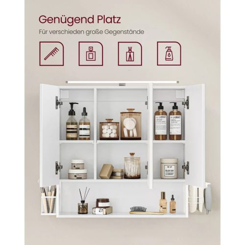 Vasagle Nástenná zrkadlová kúpeľňová skrinka s 3-dverovou zásuvkou, biela 15x70x70cm