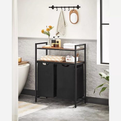 Stojan na bielizeň, výsuvná polica a odnímateľný vešiak na oblečenie s taškou 2x46L, čierny