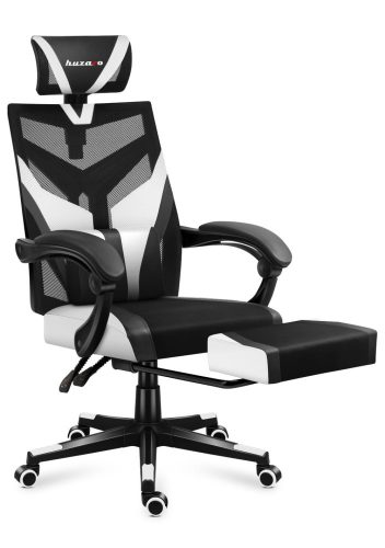 Huzaro combat 5.0 white herná stolička s ergonomickou opierkou nôh, polohovateľné kreslo, čiernobiela.
