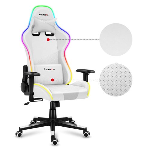 Huzaro Force 6.2 white rgb hráčska stolička, polohovateľné podrúčky, RGB ,nastaviteľná bedrová noha + vankúš na krk, biela