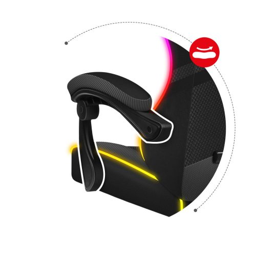 Hráčska stolička, profesionálna herná stolička, oceľ, látkový materiál, vankúš na krk, vankúš na hlavu, RGB, čierna.