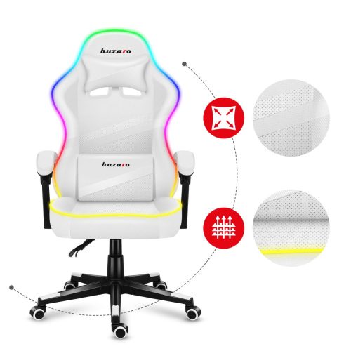Huzaro hráčska stolička, Force 4.4 rgb white profesionálna herná stolička, oceľ, látkový materiál, vankúš na krk, vankúš na hlavu, RGB biela.