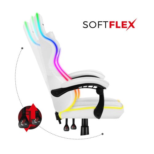 Huzaro hráčska stolička, Force 4.4 rgb white profesionálna herná stolička, oceľ, látkový materiál, vankúš na krk, vankúš na hlavu, RGB biela.