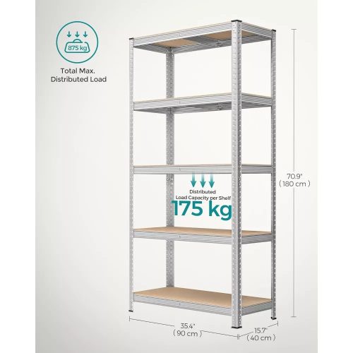 Songmics Regál s policami, s nosnosťou 175 kg na policu, strieborná, hnedá 180x90x40cm