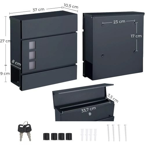 Songmics Uzamykatelná postová ská s dľiakom na noviny, oposzát montáže na stenu alebo plot, antracitovo srávy.