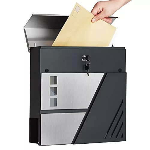 Songmics Uzamykateľná poštová schránka, možnosť montáže na stenu alebo plot, strieborno-antracitovo šedá.