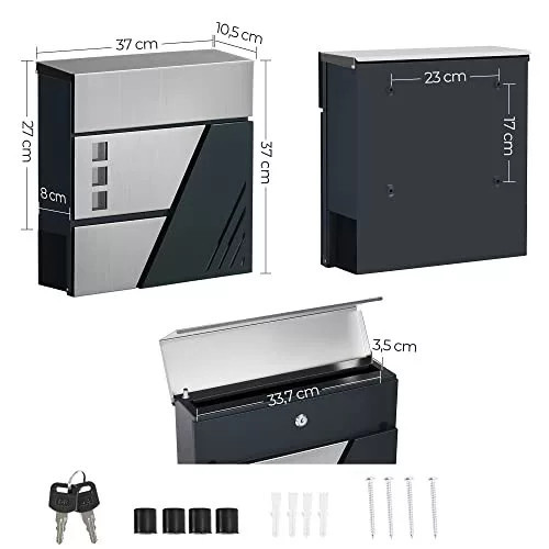 Songmics Uzamykateľná poštová schránka, možnosť montáže na stenu alebo plot, strieborno-antracitovo šedá.