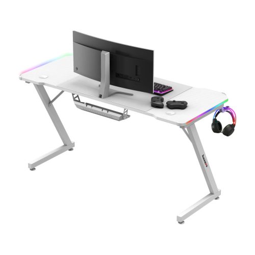 Herný stôl Huzaro, 140 x 60 x 74 cm, Hero 3.3 RGB white osvetlenie, vrátane podložky pod myš 80 x 58 cm, biely