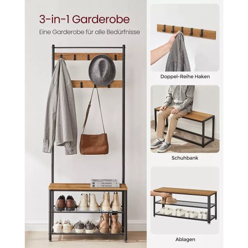 Chodba s policou, vešiakmi, botníkom a sedadlom, rustikálny orech 70x32x175cm