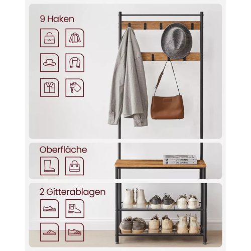 Chodba s policou, vešiakmi, botníkom a sedadlom, rustikálny orech 70x32x175cm