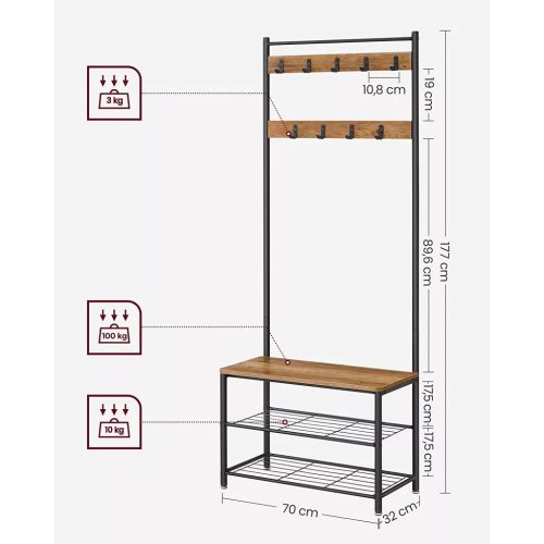 Chodba s policou, vešiakmi, botníkom a sedadlom, rustikálny orech 70x32x175cm