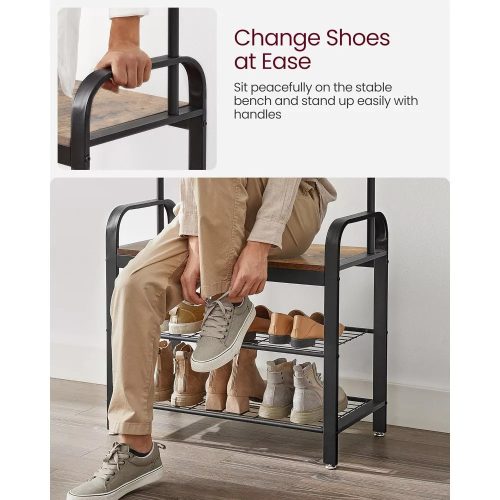 Vasagle Predsieň s vešiakovou policou, vešiakmi, botníkom a sedadlom, rustikálna hnedá 183x72x33cm