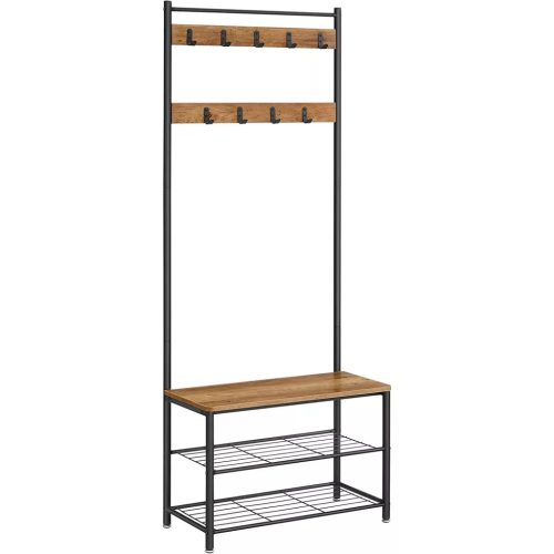 Vešiak do chodby, vešiak na kabáty, úložný priestor na topánky s lavicou, rustikálny hnedý 64x32x180cm