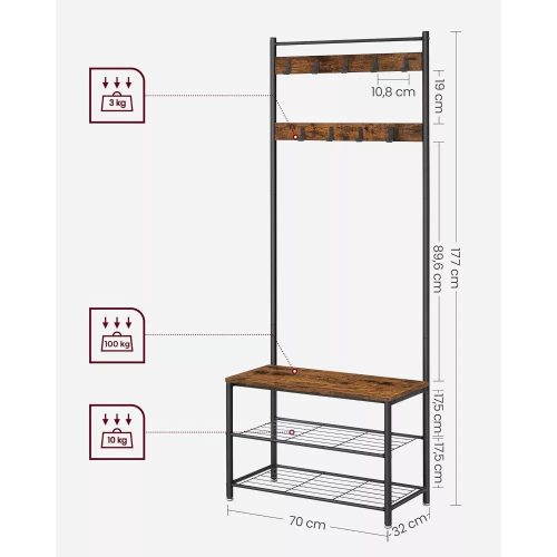 Vasagle Predsieň so závesnou policou, vešiakmi, botníkom a sedákom, rustikálna hnedá