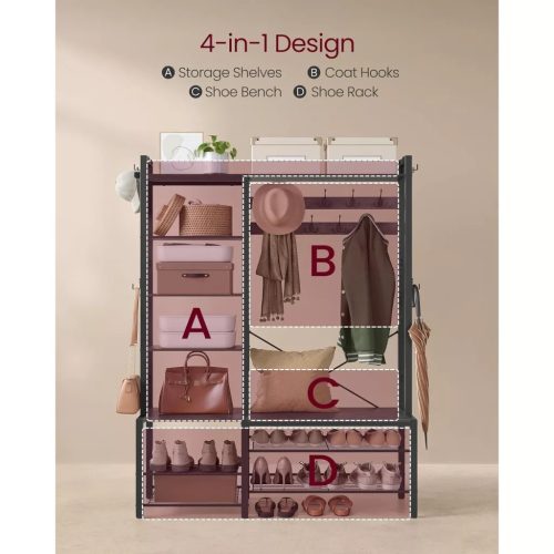 Vešiak na kabáty a úložný priestor do chodby, s vešiakmi a policami, kameňovo sivá a čierna 120x40x190cm