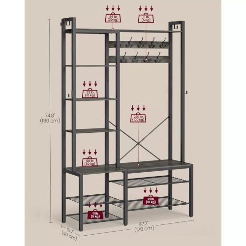 Vešiak na kabáty a úložný priestor do chodby, s vešiakmi a policami, kameňovo sivá a čierna 120x40x190cm