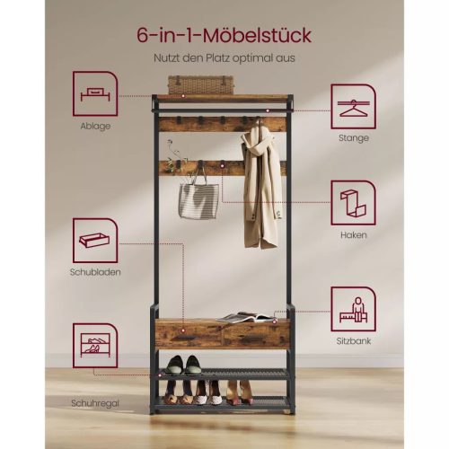 Stena do chodby s lavicou a úložným priestorom na topánky, 2 textilné zásuvky, 10 vešiakov, rustikálna hnedá