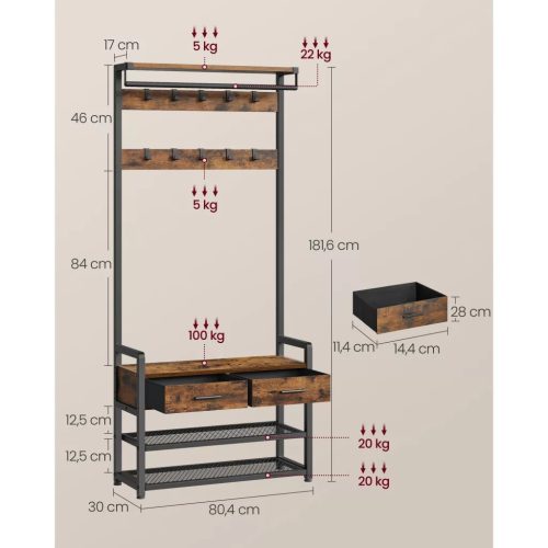 Stena do chodby s lavicou a úložným priestorom na topánky, 2 textilné zásuvky, 10 vešiakov, rustikálna hnedá