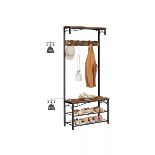 Chodba s policou, vešiakmi, botníkom a sedadlom, rustikálna hnedá 80x32x178cm