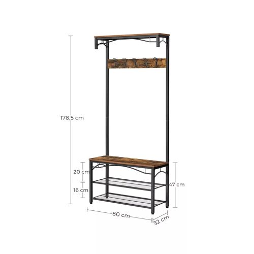 Chodba s policou, vešiakmi, botníkom a sedadlom, rustikálna hnedá 80x32x178cm