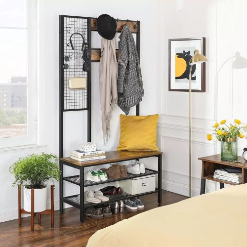 Vasagle Predsieň so závesnou policou, vešiakmi, botníkom a sedákom, rustikálna hnedá.