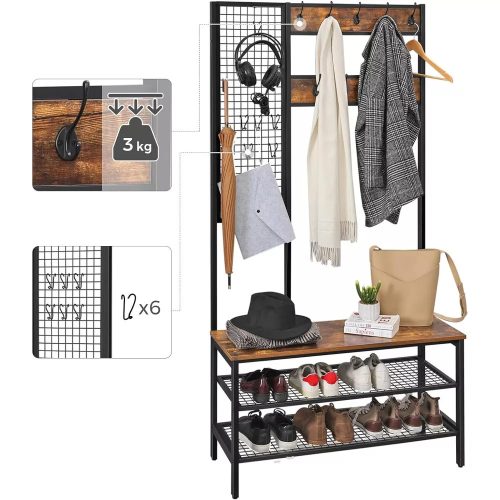 Vasagle Predsieň so závesnou policou, vešiakmi, botníkom a sedákom, rustikálna hnedá.