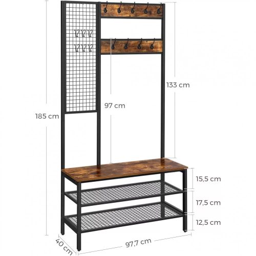 Vasagle Predsieň so závesnou policou, vešiakmi, botníkom a sedákom, rustikálna hnedá.