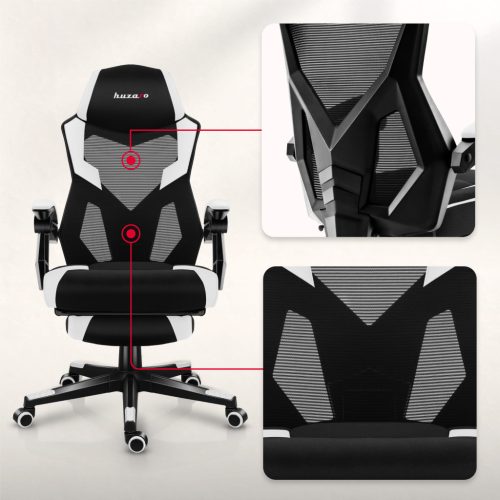 Herná stolička, opierka na nohy, priedušný materiál, ergonomické podrúčky, čiernobiela