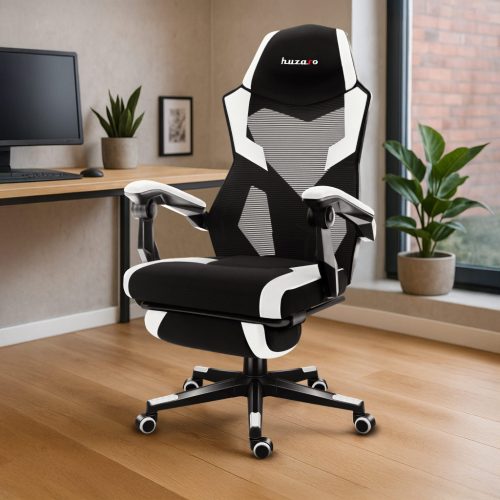 Herná stolička, opierka na nohy, priedušný materiál, ergonomické podrúčky, čiernobiela