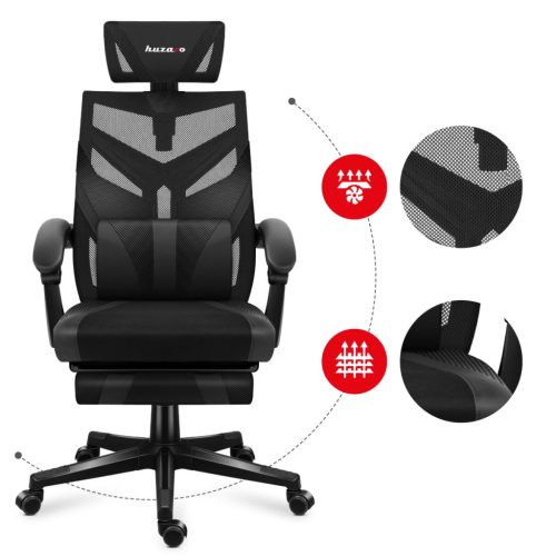 Huzaro Combat 5.0 black hráčska stolička s ergonomickou opierkou nôh, polohovateľné kreslo, opierka hlavy, čierna