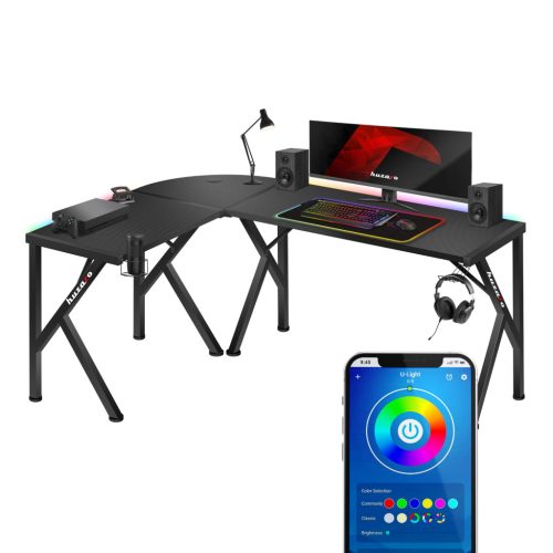 Herný rohový stôl Huzaro Hero 6.3 RGB, 154 x 117 cm, kov / karbón, čierny