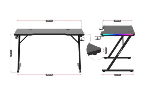 Huzaro herný stôl Hero 2.5 RGB, 120 x 60 cm, čierny.