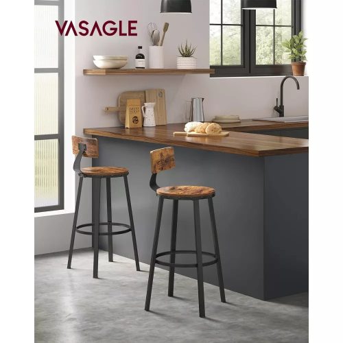 Vasagle Barové stoličky 2 vysoké kuchynské jedálenské stoličky, rustikálna hnedá, výška sedu 73 cm.