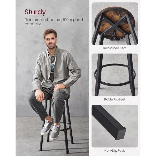 Vasagle Barové stoličky 2 vysoké kuchynské jedálenské stoličky, rustikálna hnedá, výška sedu 73 cm.