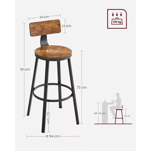 Vasagle Barové stoličky 2 vysoké kuchynské jedálenské stoličky, rustikálna hnedá, výška sedu 73 cm.