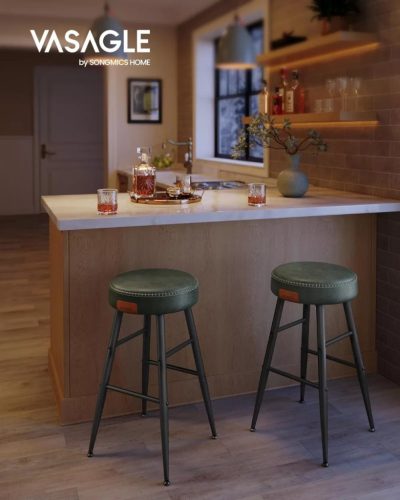 Vasagle 2 barové stoličky, šitý poťah zo syntetickej kože, zelená, výška 63 cm.