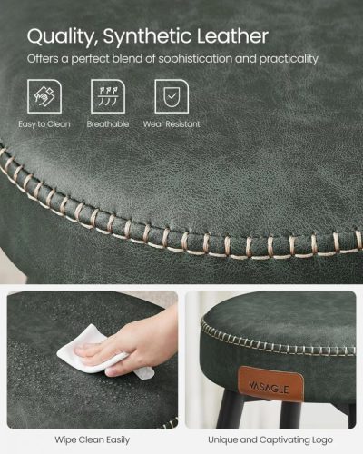 Vasagle 2 barové stoličky, šitý poťah zo syntetickej kože, zelená, výška 63 cm.