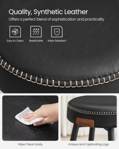 Vasagle ECHO Barové stoličky 2 ks, šitý poťah z umelej kože, čierna, výška 76 cm.