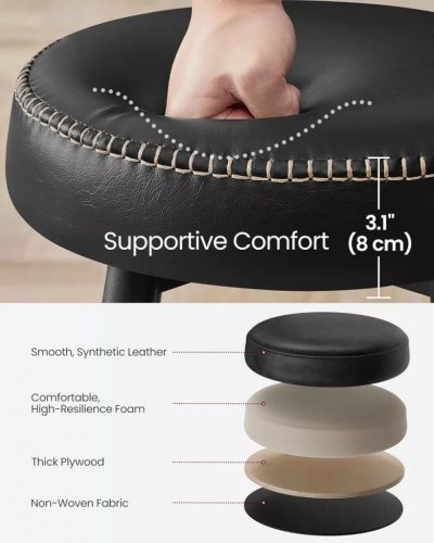 Vasagle ECHO Barové stoličky 2 ks, šitý poťah z umelej kože, čierna, výška 76 cm.