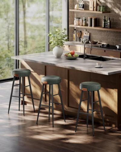 Vasagle ECHO Barové stoličky 2 ks, šitý poťah z umelej kože, zelená, výška 76 cm.